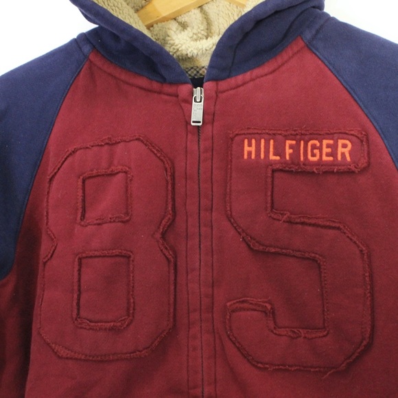 TOMMY HILFIGER Full Zip Hoodie Elbow Patches Faux Sherpa Fur Lined Heavy 12/14 - Picture 6 of 16